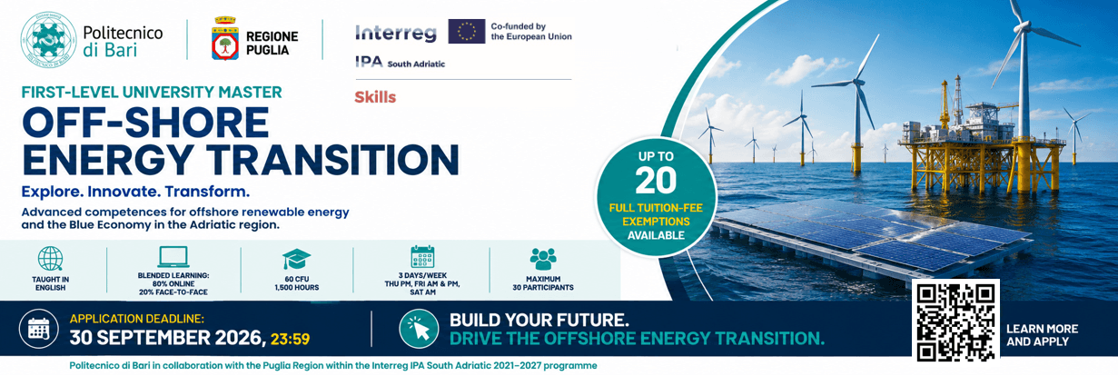 SKILLS: sono aperte le candidature per partecipare al Master Universitario di I livello “OFF-SHORE ENERGY TRANSITION”