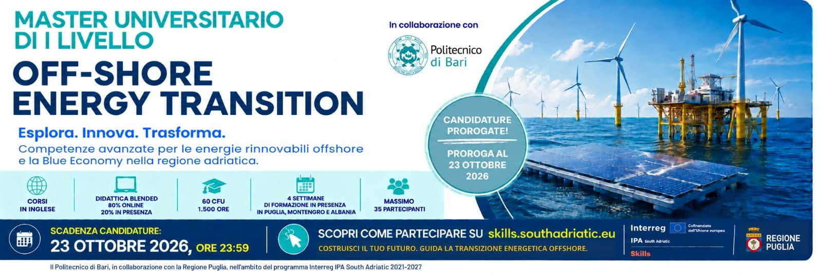 SKILLS - Master Universitario di I livello “OFF-SHORE ENERGY TRANSITION” - Proroga termine presentazione candidature